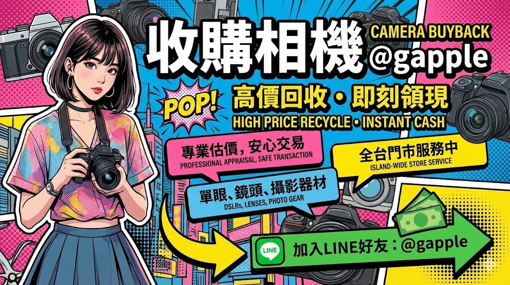 青蘋果3C woolenses.com 收購相機示意圖，客人在門市櫃台將單眼相機交給店員檢查，桌上擺放多台相機與新台幣現金