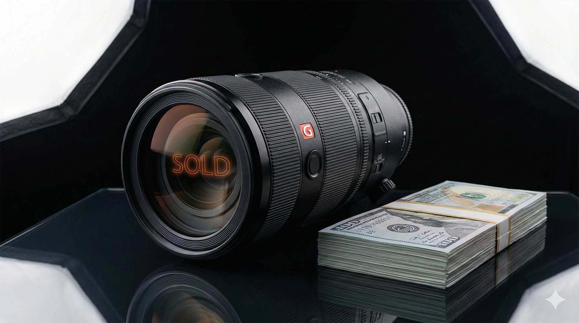 一顆高階單眼相機鏡頭旁邊堆滿現金，鏡頭鏡片反射出「已售出」的字樣，象徵高價收購。