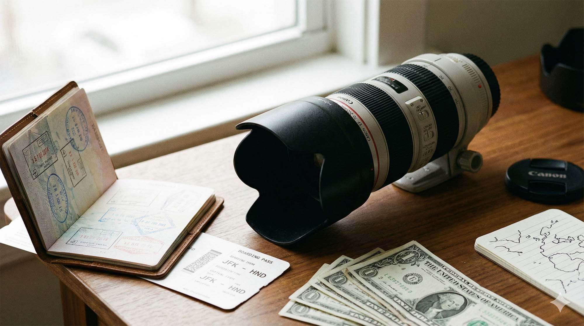 專業相機鏡頭與護照機票擺在一起象徵旅遊攝影