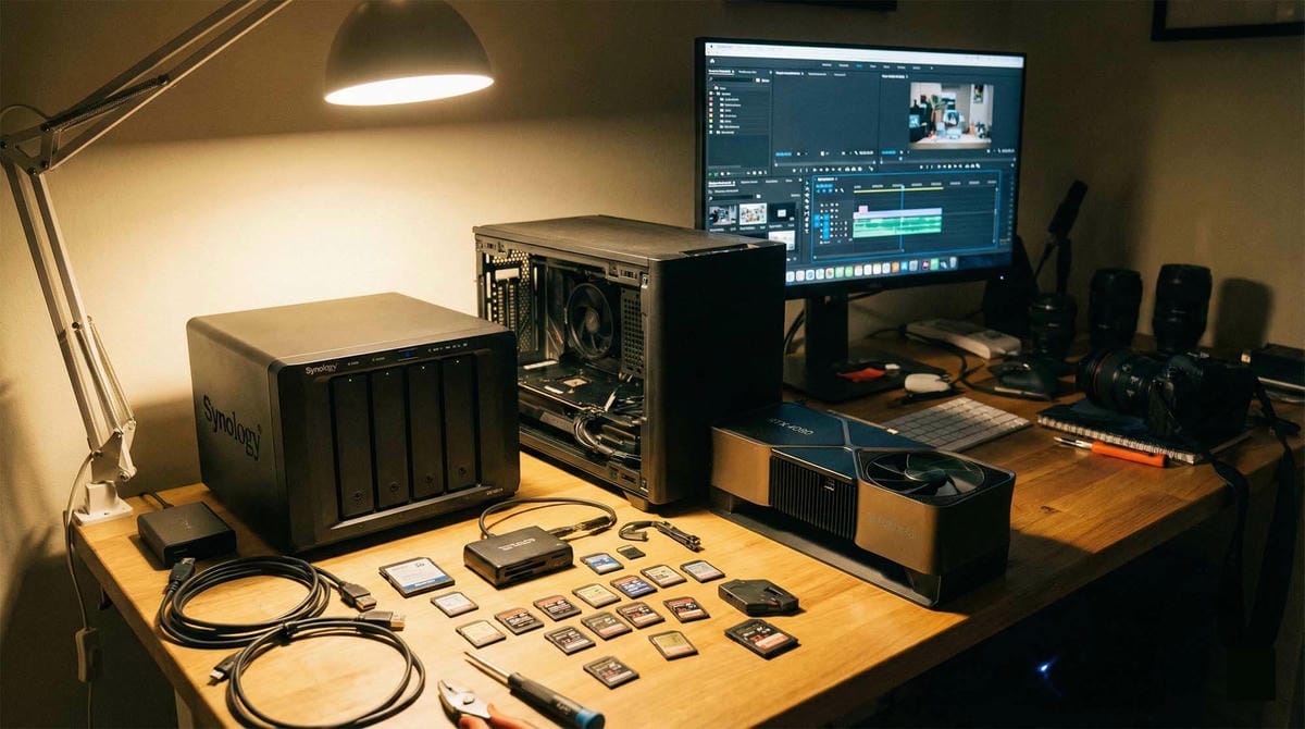 攝影師工作桌上的電腦零件(顯卡)與 Synology NAS (Computer Parts (GPU) and Synology NAS on Photographer's Desk)