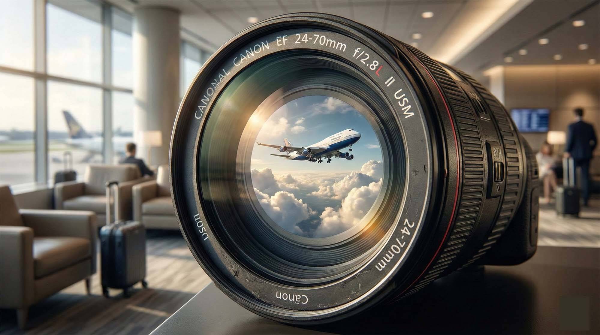 專業單眼相機鏡頭置於桌面,鏡片倒影出飛機機翼與藍天,象徵旅遊攝影與哩程價值 / Professional camera lens on a table, lens glass reflecting airplane wing and blue sky, symbolizing travel photography and mileage value.